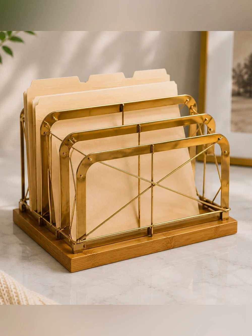 Gold Metal & Bamboo Desk Organizer Set – Modern Office Accessories